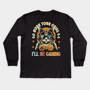 Go Work Your Cringe 9-5 I'll Be Gaming Retro Cat Gamer boys Kids Long Sleeve T-Shirt